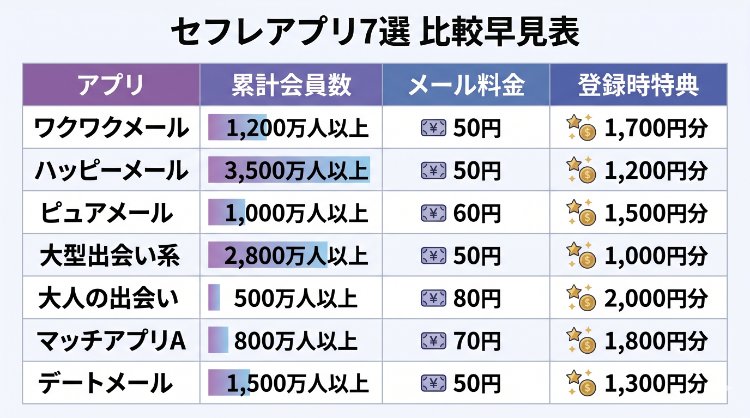 セフレを探せるアプリ7選の料金・会員数・特典を比較した早見表