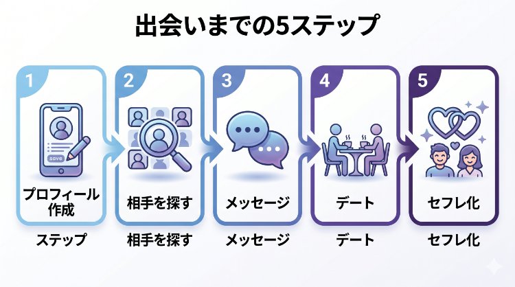 出会い系アプリでセフレを作るまでのプロフィール作成からセフレ化までの5ステップ図解