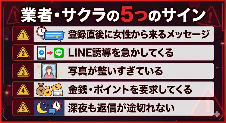 出会い系アプリの業者・サクラを見分ける5つのサイン チェックリスト