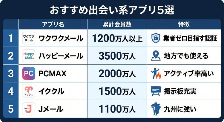 セフレ探しにおすすめの出会い系アプリ5選 会員数と特徴の比較表