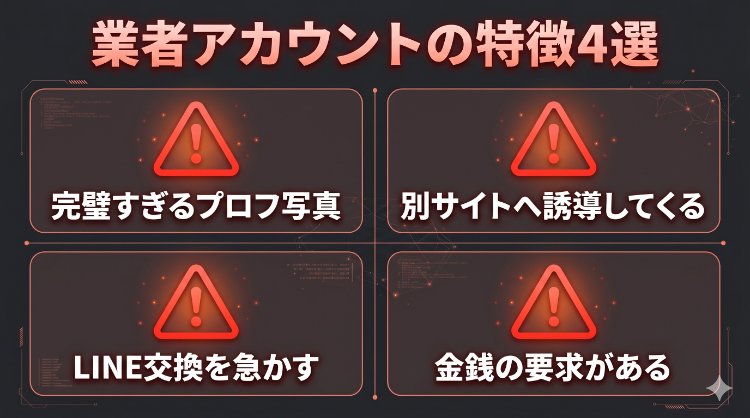 出会い系アプリで注意すべき業者・サクラアカウントの4つの特徴チェックリスト